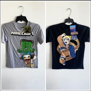 LOT of 2 Minecraft Movie & Naruto Graphic T-Shirt New Size 10 Gray Black